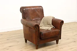 Art Deco 1930s Rustic Vintage Sheepskin Leather Chair, Brass Nailheads #43438