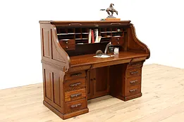 Victorian Antique Oak Roll Top Office or Library Desk, Rotary Files #41524