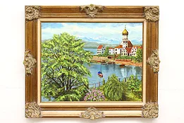 Danube River Czech Scene Vintage Original Oil Painting, Lubans 36.5" #43636