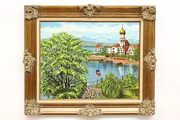 Danube River Czech Scene Vintage Original Oil Painting, Lubans 36.5" #43636