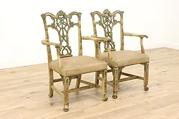 Pair of Georgian Design Vintage Carved Painted Chairs, Leather, Hickory #44155
