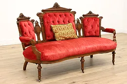 Victorian Antique Walnut Loveseat or Small Sofa, Carved Heads, Velvet #43684