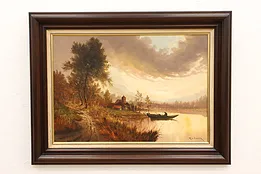 Canoe on Lake Vintage Original Oil Painting, Signed 50.5" #44279