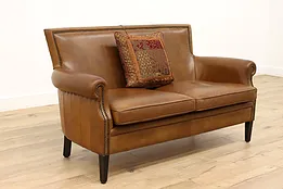 Traditional Vintage Leather Settee, Loveseat, Small Sofa Brass Nailheads #44347
