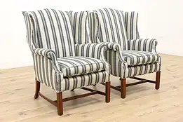 Pair of Georgian Design Vintage Carved Birch Wingback Chairs #44485