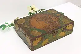 Art Nouveau Antique Burnt Wood Pyrography Painted Jewelry or Keepsake Box #44302