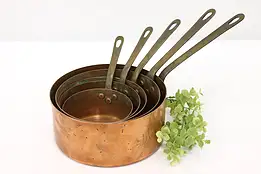 Set of 5 Farmhouse Antique French Copper Sauce Pans or Pots Brass Handles #44323