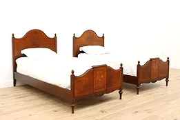 Pair of French Design Antique Mahogany & Marquetry Twin or Single Beds #44418