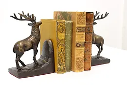 Pair of Farmhouse Brass Vintage Elk Sculpture Bookends, Iron Bases #44529