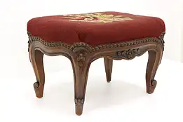 Country French Carved Antique Footstool, Needlepoint Upholstery #43795