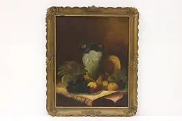 Still Life of Flowers & Vase Antique Original Oil Painting, Signed 23" #43364