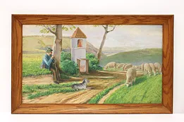 Shepherd & Sheep Flock & Shrine Vintage Original Oil Painting 37" #44273