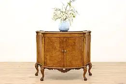 French Design Vintage Olivewood Burl Demilune or Hall Console, Marble Top #44448