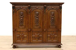 Italian Renaissance Antique Oak Triple China China Cabinet or Bookcase #44346