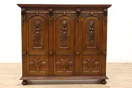 Italian Renaissance Antique Oak Triple China China Cabinet or Bookcase #44346