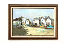 Midcentury Moderrn Harbor & Boats Vintage Original Oil Painting, Hin 43" #44097