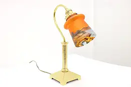 Art Deco Antique Brass Office or Library Desk Lamp, Hand Painted Shade #44446