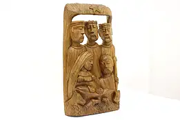 Hand Carved Teak Nativity Scene Vintage Plaque Holy Family, 3 Kings #44014