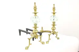 Pair of Vintage Brass & Glass Paperweight Fireplace Hearth Andirons #44603