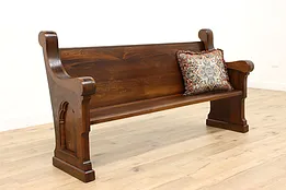Gothic Carved Antique Ash & Elm Church Pew or Hall Bench #44267