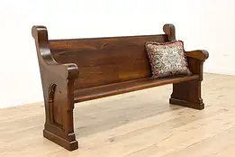 Gothic Carved Antique Ash & Elm Church Pew or Hall Bench #44267