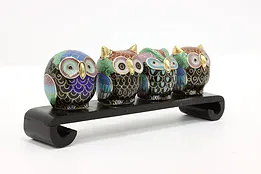 Chinese Cloisonne Traditional Vintage Inlaid Enamel 4 Owls on Perch  #44541