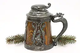 Farmhouse Antique Silverplate & Oak Beer Stein w/ Dragons, St. Louis #44246