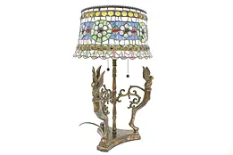 Classical Vintage Lamp, Stained Glass Shade, Gargoyle Base #43582