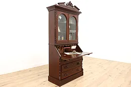 Victorian Antique 1860 Walnut Slant Front Secretary Desk & Bookcase #43554