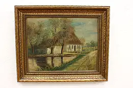 Antique Oil Painting of Cottages and Pond, Signed 24" #44646