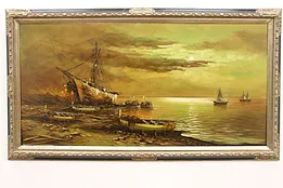 Antique Oil Painting of Moonlit Ocean and Ship, Torrielli, 54" #44649
