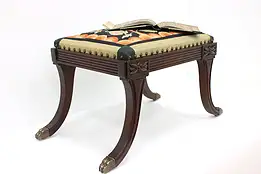 Vintage Georgian 1932 Needlepoint Mahogany Footstool, Bench, Brass Feet #44189