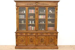 Black Forest Antique Carved Oak Arts & Sciences Bookcase or China Cabinet #43802