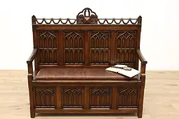 Gothic Antique Oak Hall Bench, Leather Seat, Storage Under Seat #44351