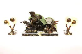 Art Deco Antique French Mantel Clock Set, Fighting Cocks, 2 Lamps, Marble #43009