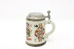 German Antique Stein or Beer Mug, Card Suits, Pewter Lid #44496