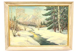 Snowy Landscape & Mountain Original Vintage Oil Painting, Wernegreen 41" #44648