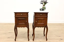Pair of French Antique Oak Nightstands, End Tables, Marble Tops #44349
