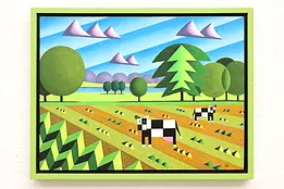 Scene with Cows Vintage Original Acrylic Painting, Bodden 17.5" #44247