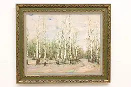 White Birch Forest in Winter Vintage Original Oil Painting, Signed 38" #44645