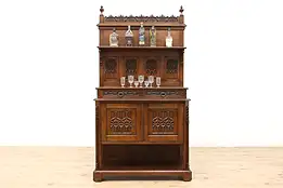 Gothic Design Antique Carved Oak Backbar, Bar Cabinet, or Server #40262