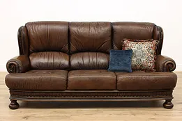 Chestnut Leather Vintage Scandinavian Sofa, Brass Nailhead Trim #44327