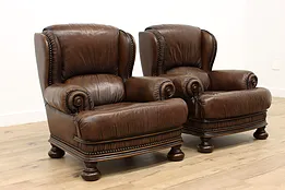 Pair of Vintage Chestnut Leather Scandinavian Library, Office Wing Chairs #44968