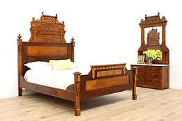 Victorian Antique Walnut & Marble 2 Pc Bedroom Set, Queen Size #43266