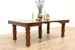 Victorian Farmhouse Antique Square Oak Dining Table, 3 Leaves Extends 7' #42338