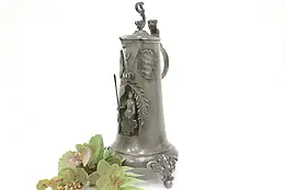 Victorian Antique German Pewter Stein or Mug Knight Sculpture Dolphin Lid #44961