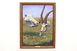 Landscape with Animal Skulls Vintage Original Oil Painting, Broad 43" #44864