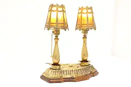 Classical Antique Brass Double Desk Lamp, Mica Shades #42016