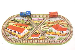 Farmhouse Vintage Tin Toy Train Track, Wind Up Engine & Boxcar, Marx #44955