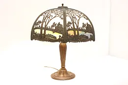 Stained Glass Curved 6 Panel Shade Antique Lamp, Lake & House Filigree #44290